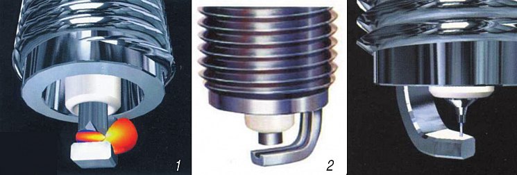 Способы уменьшения экранирующего и подавляющего действия электродов:
1 – V-образная насечка на торце центрального электрода; 2 – боковой электрод с
U-образной канавкой; 3 – скошенный боковой и «иглообразный» центральный электроды