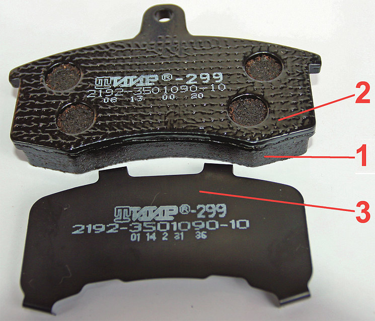 Колодки дискового тормоза из смеси шифра ТИИР-299 для автомобиля LADA Kalina,
оснащенного ABS.
Способы борьбы с шумом в тормозной колодке: 1 – рецептура фрикционной смеси
тормозной накладки и конфигурация (геометрия); 2 – противошумное полимерное
покрытие; 3 – противошумная пластина состоит из металла, покрытого с двух сторон
защитным полимерным слоем с каучуком