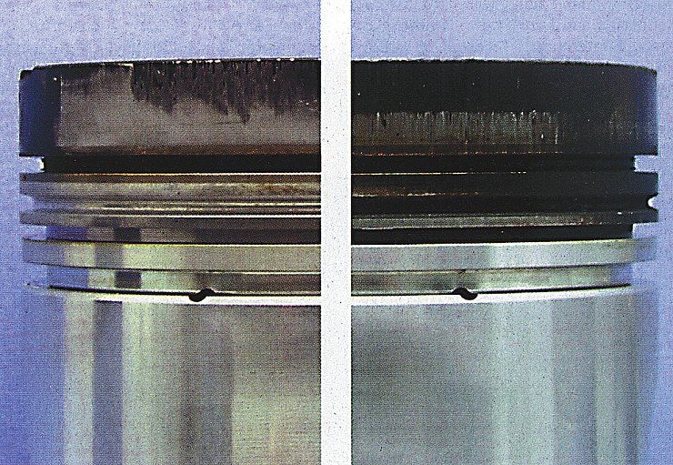 Грязный поршень, покрытый твердым нагаром (справа), в отличие от чистого быстро
отполирует гильзу. Вот почему так важны в масле моющие присадки – детергенты