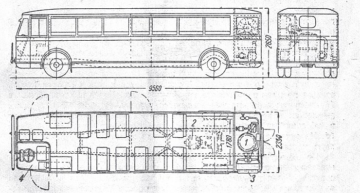 Рис. 5. Схема парового автобуса «Геншель» с размещением всех агрегатов силовой
установки в задней части кузова. Такую компоновку считают самой удачной — трансмиссия
простая, паропроводы короткие