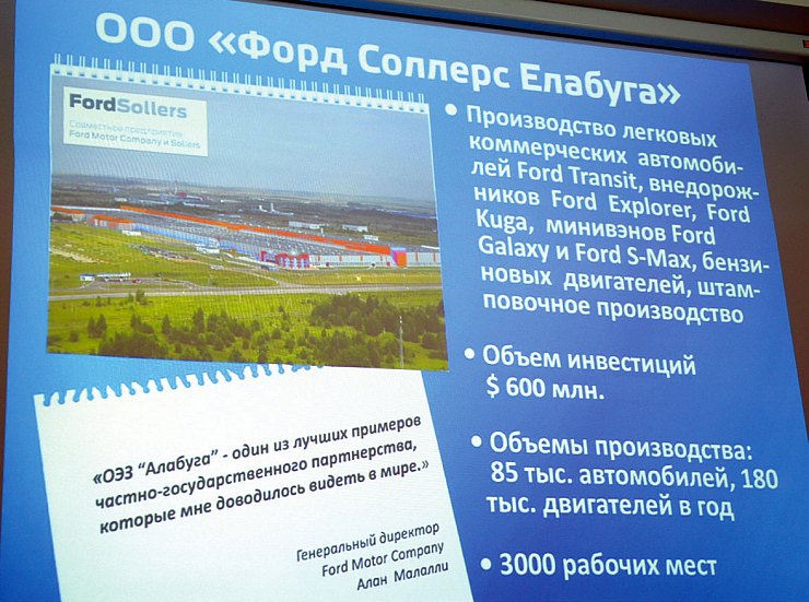 На территории особой экономической зоны «Алабуга» работает завод 
«Форд соллерс Елабуга»