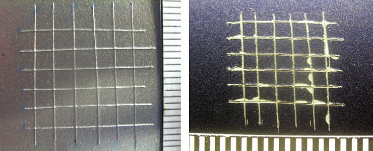 Фото 1, 2. Повреждение ЛКП в результате применения метода решетчатых надрезов