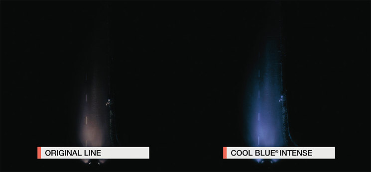 Вид сверху, сравнение стандартной лампы и лампы с увеличенной цветовой температурой COOL
BLUE INTENSE: цвет лампы более белый и освещение дорожного полотна увеличено на 20%