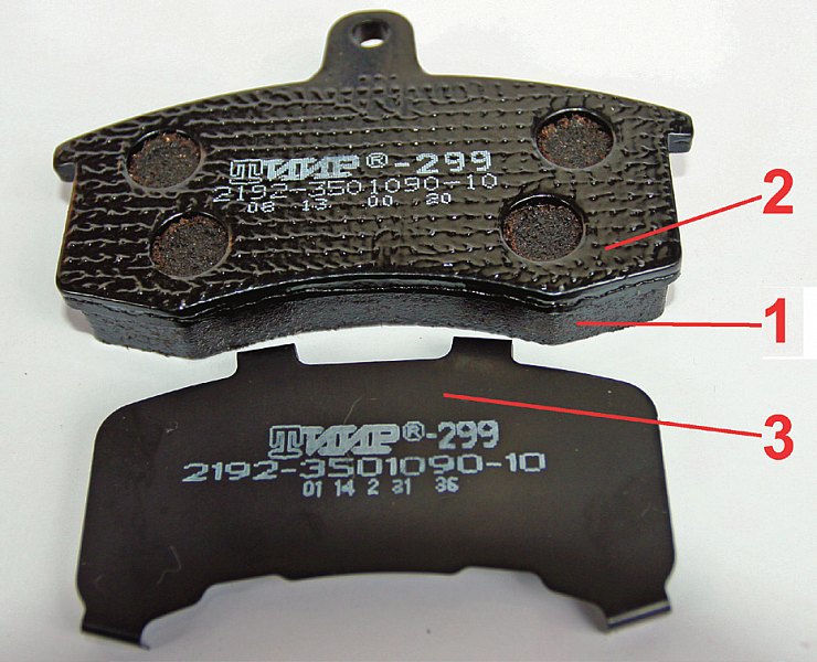Колодки дискового тормоза из смеси шифра ТИИР-299
для автомобиля Lada Kalina, оснащенного ABS.
Способы борьбы с шумом в тормозной колодке:
1 — рецептура фрикционной смеси тормозной накладки
и конфигурация (геометрия);
2 — противошумное полимерное покрытие;
3 — противошумная пластина состоит из металла,
покрытого с двух сторон защитным полимерным слоем
с каучуком.
Как видно из сравнения двух фотографий, для разных
моделей Lada используется разная фрикционная смесь
